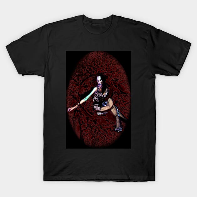 Woman in short dress, sitting in some red and black space. Weird, dark and beautiful. T-Shirt by 234TeeUser234